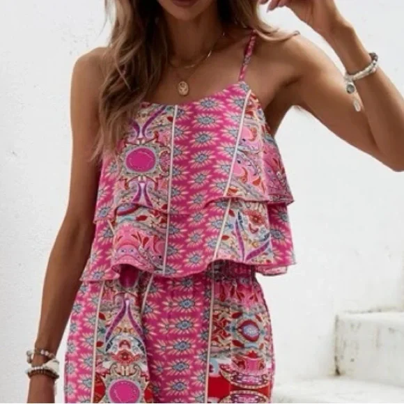 Boho Floral Paisley Ruffle Print Wide Leg Palazzo Pants Crop Cami Top Set Pink - Picture 8 of 9